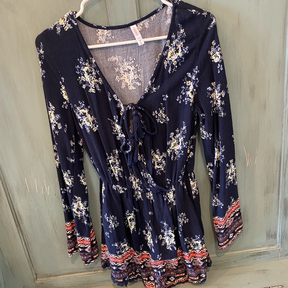Navy blue romper with tie and designs